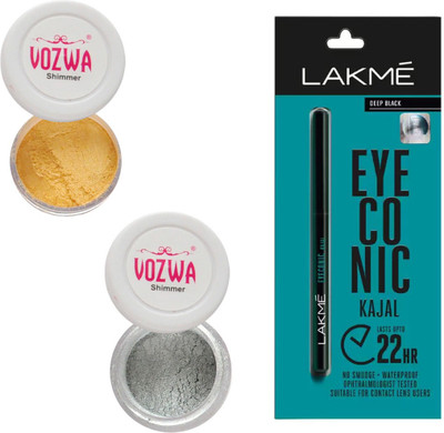 

Vozwa Golden & Silver Eyeshadow Shimmer Powder and Lakme Eyeconic Kajal Pencil(Set of 3)
