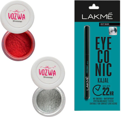 

Vozwa Maroon & Silver Eyeshadow Shimmer Powder and Lakme Eyeconic Kajal Pencil(Set of 3)