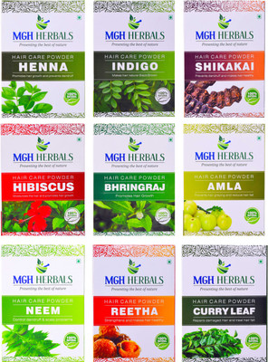 

MGH Herbals Orange Peel, Kasturi Haldi, Rose Petals, Hibiscus, Bhingraj, Amla, Shikakai, Reetha & Curry Leaf (Pack of 9)(900 g)
