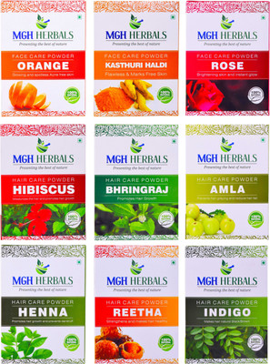 

MGH Herbals Orange Peel, Kasturi Haldi, Rose Petals, Hibiscus, Bhingraj, Amla, Neem, Henna, & Indigo (Pack of 9)(900 g)