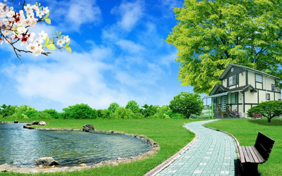

Natural Scene of Beautiful house near lake Poster Paper Print(12 inch X 18 inch, Rolled)