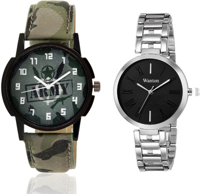 

Wanton black steel strap profesional and stylish attractive dial watch with green army militiry pattern stylish watch combo couple watch Exclusive collection watches Watch - For Boys & Girls