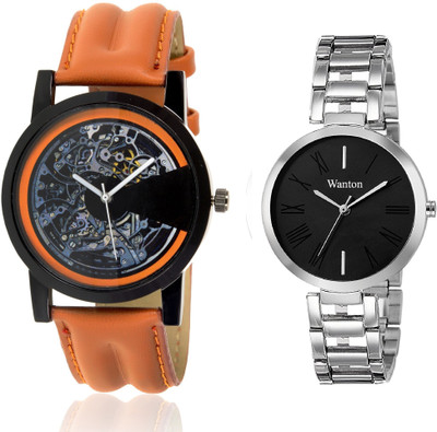 

Wanton black steel strap profesional and stylish attractive dial watch with open machanical pattern stylish watch combo couple watch Exclusive collection watches Watch - For Boys & Girls