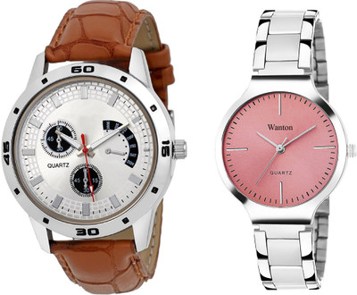 

Wanton pink steel belt stylish and fancy watch with tan color chronograph pattern stylish combo couple watch Exclusive collection watches Watch - For Boys & Girls