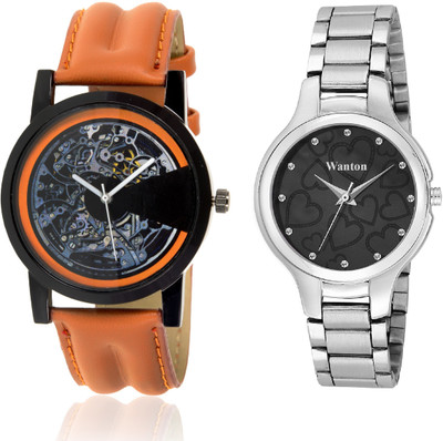 

Wanton Black color official stylish women watch with Brown open machanical dial attractive combo couple watch Exclusive collection watches Watch - For Boys & Girls