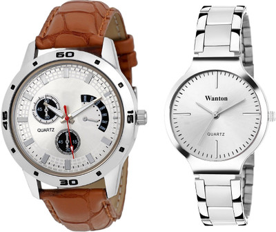 

Wanton silver steel belt stylish and fancy watch with tan color chronograph pattern stylish combo couple watch Exclusive collection watches Watch - For Boys & Girls