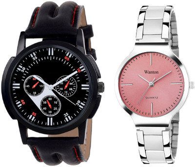

Wanton pink steel belt stylish and fancy watch with black chronographpattern stylish watch combo couple watch Exclusive collection watches Watch - For Boys & Girls