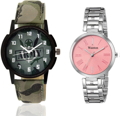 

Wanton pink steel strap profesional and stylish attractive dial watch with green army militiry pattern stylish watch combo couple watch Exclusive collection watches Watch - For Boys & Girls