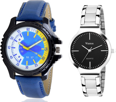 

Wanton black steel belt stylish and fancy watch with Blue color attractive shape combo couple watch Exclusive collection watches Watch - For Boys & Girls