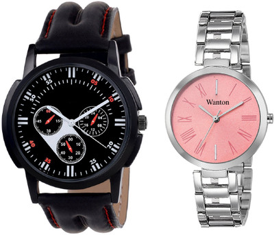 

Wanton pink steel strap profesional and stylish attractive dial watch with black chronographpattern stylish watch combo couple watch Exclusive collection watches Watch - For Boys & Girls