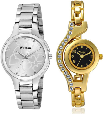 

Wanton White color official stylish women watch with gold black color diamond studded case attractive watch combo Exclusive collection watches Watch - For Girls