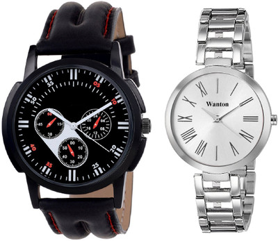 

Wanton White steel strap profesional and stylish attractive dial watch with black chronographpattern stylish watch combo couple watch Exclusive collection watches Watch - For Boys & Girls
