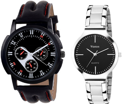 

Wanton black steel belt stylish and fancy watch with black chronographpattern stylish watch combo couple watch Exclusive collection watches Watch - For Boys & Girls