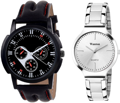 

Wanton silver steel belt stylish and fancy watch with black chronographpattern stylish watch combo couple watch Exclusive collection watches Watch - For Boys & Girls