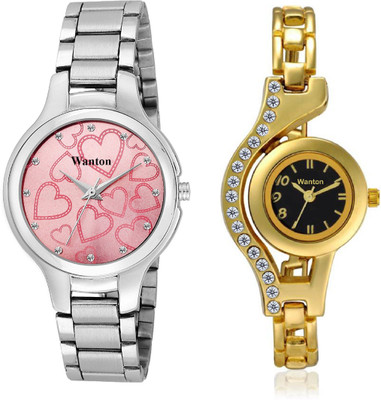 

Wanton Pink color official stylish women watch with gold black color diamond studded case attractive watch combo Exclusive collection watches Watch - For Girls