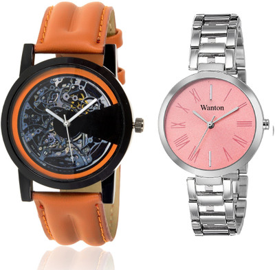 

Wanton pink steel strap profesional and stylish attractive dial watch with open machanical pattern stylish watch combo couple watch Exclusive collection watches Watch - For Boys & Girls