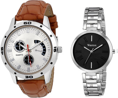 

Wanton black steel strap profesional and stylish attractive dial watch with tan color chronograph pattern stylish combo couple watch Exclusive collection watches Watch - For Boys & Girls