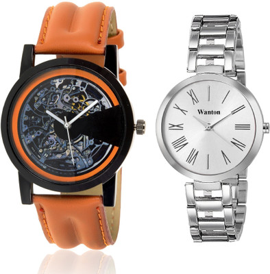 

Wanton White steel strap profesional and stylish attractive dial watch with open machanical pattern stylish watch combo couple watch Exclusive collection watches Watch - For Boys & Girls