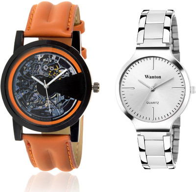 

Wanton silver steel attractive strap and fancy dial watch with open machanical pattern stylish watch combo couple watch Exclusive collection watches Watch - For Boys & Girls
