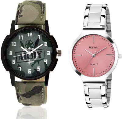 

Wanton pink steel belt stylish and fancy watch with green army militiry pattern stylish watch combo couple watch Exclusive collection watches Watch - For Boys & Girls