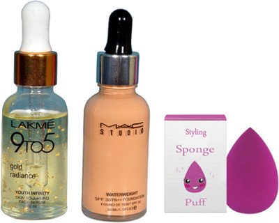 

Styling Of Sponge Puff With Mac Studio Waterweight SPF 30/P++Foundation With Gold Radiance face serum(Set of 3)