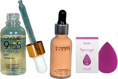 

studio Of Sponge Puff, Mac Waterweight SPF 30/PA++ Foundation 30 ml with Lakme 9 To 5 Gold Radiance Skin Sculpting Face Serum(Set of 3)
