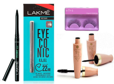 

9 to 5 eyelashes , lakme eyeconic kajal with Eyeliner & mascara(Set of 4)