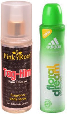 

Pink Root Tag-Him Pour Homme Fragrance body Spray 200ml, Floral Dream Perfumed Deo Body Spray for Women 150ml(Set of 2)