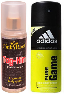 

Pink Root Tag-Him Pour Homme Fragrance body Spray 200ml, Adidas Pure Game Deo Body Spray for Men 150ml(Set of 2)