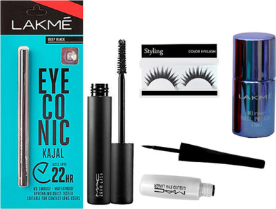 

Styling Eyelashes With Mac Eyeliner & Mascara With Lakme Eyeconic Kajal & Mirror Nail polish(Set of 5)