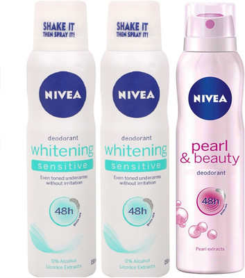

Nivea Whitening Sensitive & Pearl & Beauty Deodorant Combo - Pack of 3 Body Spray - For Women(450 ml, Pack of 3)