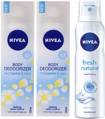 

Nivea Fresh Petal & Care Deodoriser & Fresh Natural Deodorant Combo - Pack of 3 Body Spray - For Women(390 ml, Pack of 3)