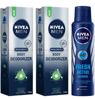 

Nivea Men Energy Body Deodoriser & Fresh Active Deodorant Combo - Pack of 3 Body Spray - For Men(390 ml, Pack of 3)