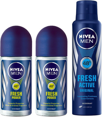 

Nivea Men Fresh Power Roll On & Fresh Active Deodorant Combo - Pack of 3 Body Spray - For Men(250 ml, Pack of 3)