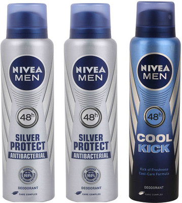

Nivea Men Silver Protect Deodorant & Cool Kick Deodorant - Pack of 3 Body Spray - For Men(450 ml, Pack of 3)