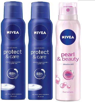 

Nivea Protect & Care Deodorant 150 ml & Pearl & Beauty Deodorant - Pack of 3 Body Spray - For Women(450 ml, Pack of 3)