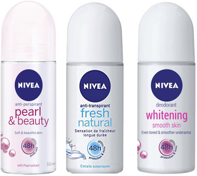 

Nivea WHITENING SMOOTH SKIN ROLL ON DEODORANT 50 ML+FRESH NATURAL ROLL ON DEODORANT 50 ML+PEARL & BEAUTY ROLL ON DEODORANT 50 ML Deodorant Spray - For Men & Women(50 ml, Pack of 3)