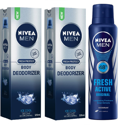 Nivea Men Ice Cool Body Deodoriser & Fresh Active Deodorant Combo - Pack of 3 Body Spray - For Men(390 ml, Pack of 3)