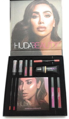 

Huda Beauty 11 in 1-2 mini liquid matte lipstick 2 mini matte,2 full liquid matte lipstick,1 liquid foundation,1 waterproof matte lipstick pencil ,1 summer highlighter set Highlighter(black)