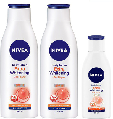 

Nivea Extra Whitening SPF 15 200 ml & Extra Whitening Cell Repair SPF 15 lotion 120 ml Combo(520 ml)