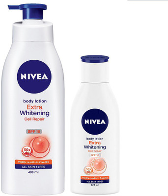 

Nivea Extra Whitening SPF 15 lotion 400 ml & Extra Whitening Cell Repair SPF 15 lotion 120 ml Combo(520 ml)