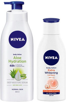 Nivea Aloe Body Lotion 400 ml & Extra Whitening SPF 15 lotion 120 ml combo(520 ml)