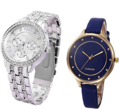 

COSMIC Rhinestone Collection Stainless Steel Strap SILVER Color Dial WITH GENEVA PLATINUM DARK BLUE ROYAL CLASSIC BIG SIZE DIAL -32 MM DIAMETER HAVING SLIM STRAP BASICS CASUAL & FORMAL GIRLS & LADIES Watch - For Women