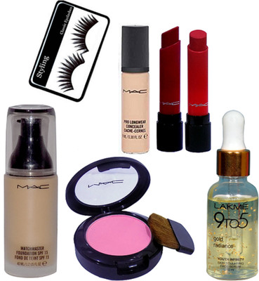 

styling Eyelashes, Mac Matchmaster Liquid Foundation Spf 15, Pro Longwear Concealer, Pink Shade Blusher, Liptensity Lipstick 2, Lakme 9 TO 5 Gold Radiance Face Serum(Set of 7)