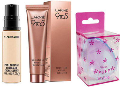 

Styling Silicon puff With LAkme 9to5 mausse Foundation (6 gm) & Mac Pro longwear concealer (9ml)(Set of 3)