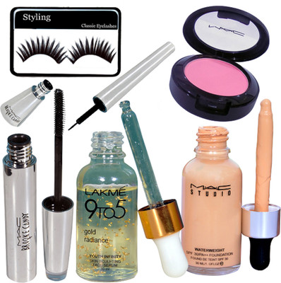 

styling Eyelashes&Mac Waterweight Spf Foundation&Lakme 9To5 Gold Radiance Face Serum&Brooke Candy Liner&Mascara&Pink Shade Blusher(Set of 6)