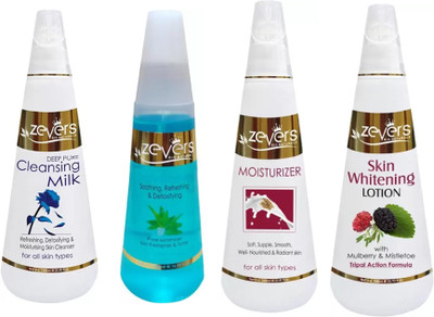 

Zever Deep Pore Cleansing Milk , Pore Minimiser Skin Freshener Toner , Soft Smooth Moisturizer & Skin Whitening Lotion With Mulberry , Mistletoe triple action Formula ( Daily Skin Care Regimen)(Set of 4)