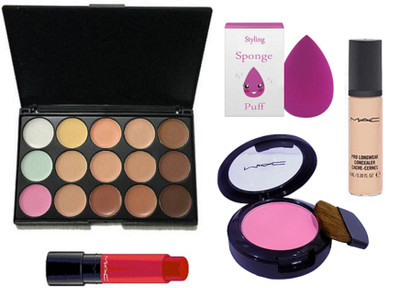 

styling Sponge puff & Mac concealer palette in 15 shades& Pink Shade Blusher& Mac Pro Longwear Concealer& Liptensity lipstick(Set of 5)