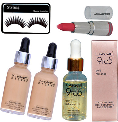 

styling Eyelashes&Mac Waterweight Spf Foundation Srt Of 2&Lakme 9To5 Gold Radiance Face Serum&ColourBar Lipistick(Set of 5)