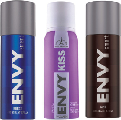 

ENVY SMART BURST EACH BANG & KISS Deodorant Spray - For Men & Women(390 ml, Pack of 3)